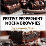 Stack of Peppermint Mocha Brownies with crushed Oreos and candy cane topping on a plate.